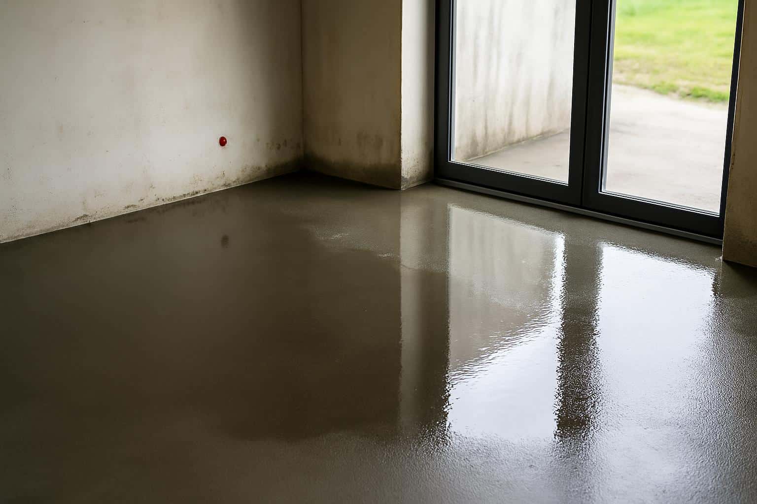 Wasserschadensanierung– stehendes Wasser auf einem Betonboden nach Wassereinbruch in einem unfertigen Innenraum