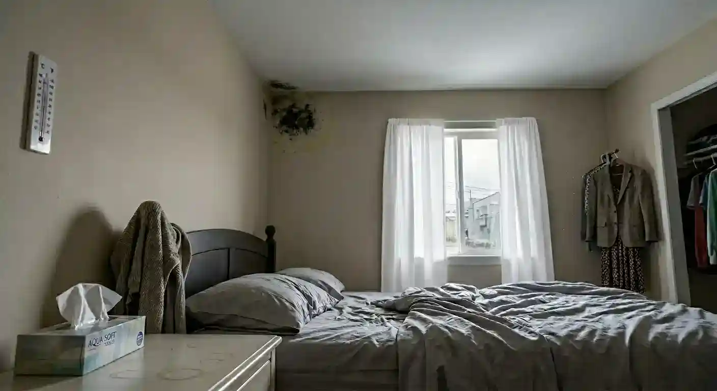 Große dunkle Schimmelstelle an der Decke und Wandecke in einem Schlafzimmer, direkt neben einem Fenster mit Vorhängen.