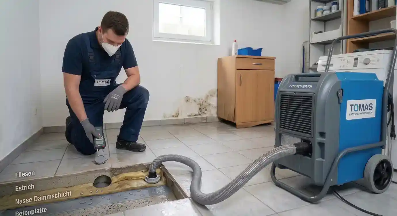 Techniker misst Feuchtigkeit bei einem Wasserschaden in der Estrichdämmung während ein Trocknungsgerät die nasse Dämmschicht unter dem Fliesenboden entfeuchtet