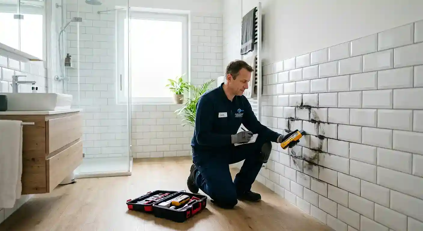 Ein Techniker von Tomas Wasserschadensanierung kniet in einem hellen Badezimmer und führt eine Messung an einer Fliesenwand mit deutlichen dunklen Feuchtigkeitsspuren durch.