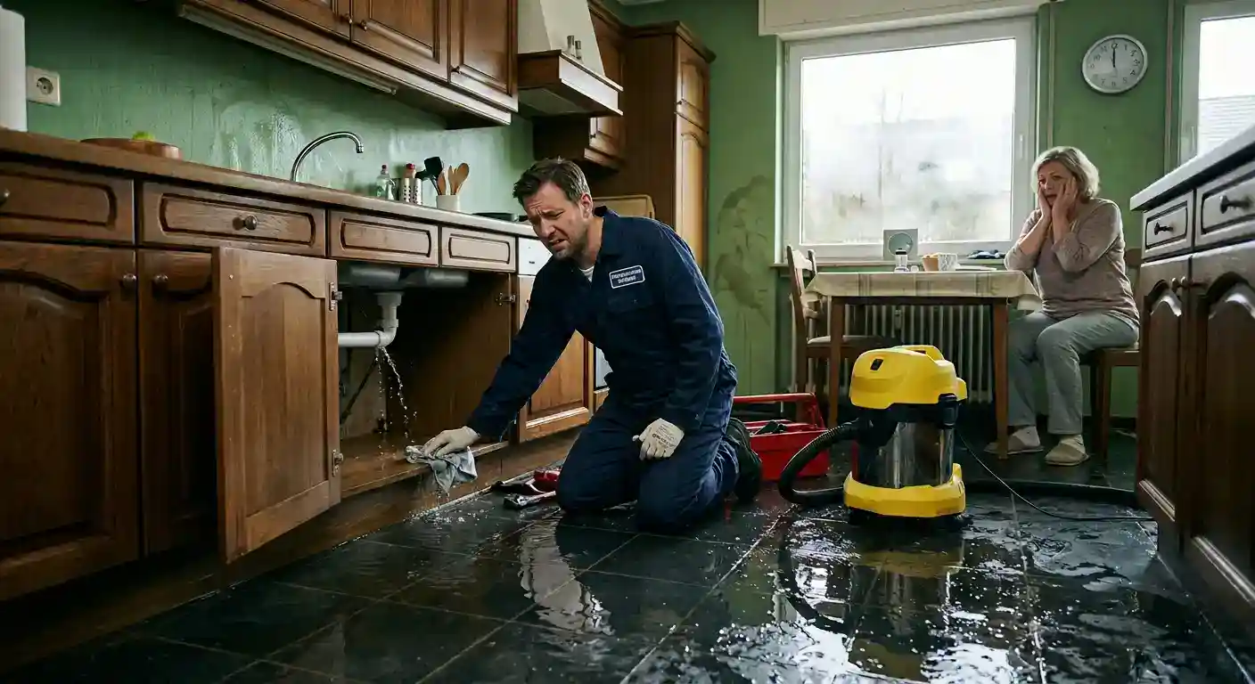 Ein Fachmann von Tomas Wasserschadensanierung kniet in einer Küche auf einem nassen Fliesenboden und versucht das austretende Wasser unter der Spüle zu stoppen während die Hausbewohnerin besorgt zuschaut.