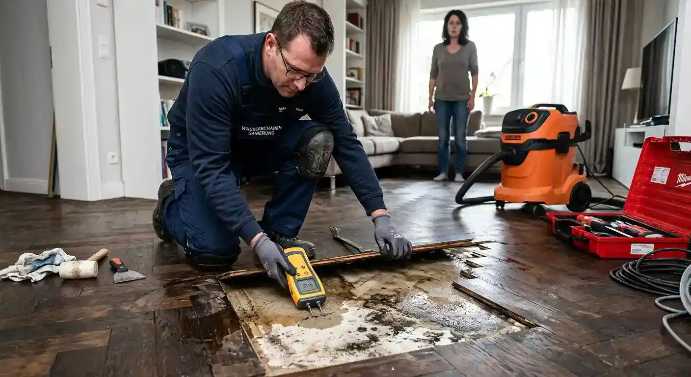 Ein Experte für die Sanierung von Wasserschäden kniet auf dunklem Fischgrätparkett und misst mit einem Feuchtigkeitsmessgerät den Wasserschaden unter Parkett während eine Frau besorgt im Hintergrund wartet.