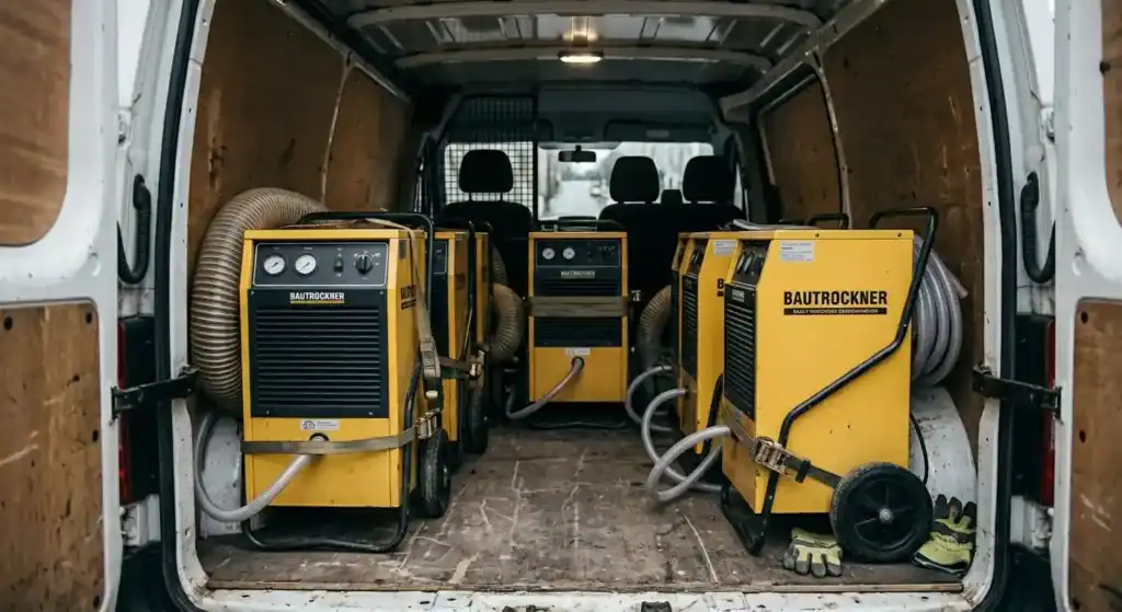 Die Ladefläche eines weißen Transporters ist voll beladen mit mehreren gelben professionellen Bautrocknern die mit Spanngurten gesichert sind.