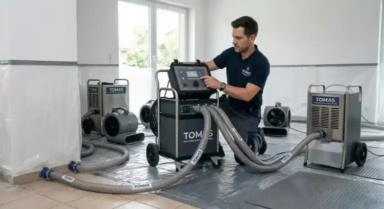 Mitarbeiter von Tomas Wasserschadensanierung bedient Geräte zur Bautrocknung in einem Raum nach einem Wasserschaden.