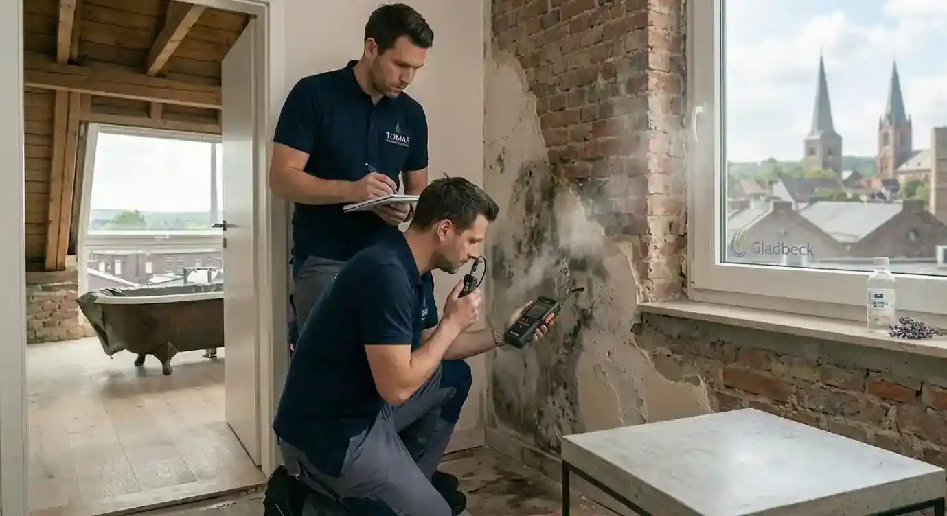 Zwei Mitarbeiter von Tomas Wasserschadensanierung untersuchen eine stark durchfeuchtete Wand mit Messgerät, weil in dem Raum Geruch nach Wasserschaden auftritt.