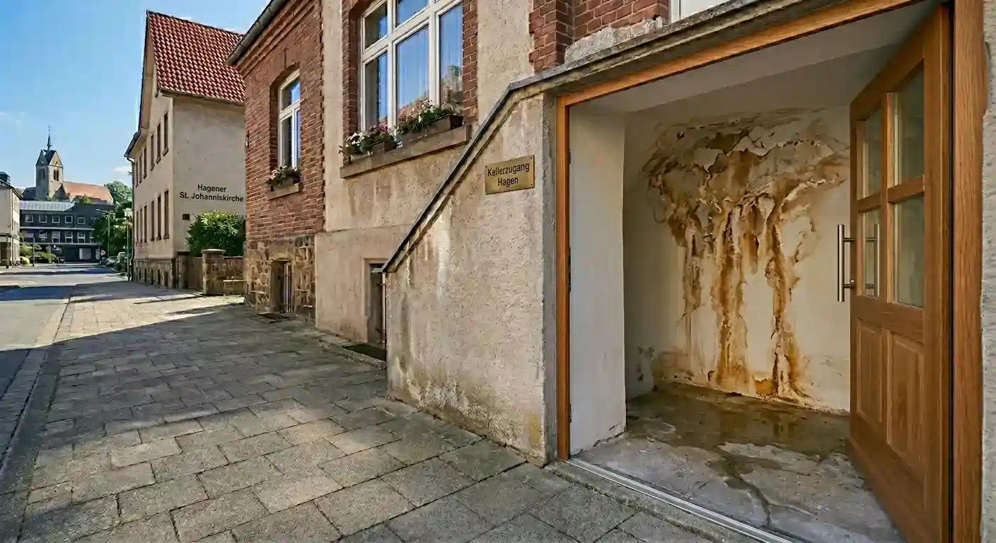 Ein offener Kellereingang in einer gepflasterten Straße in Hagen zeigt massive Feuchtigkeitsspuren und abblätternden Putz an der Innenwand; im Hintergrund ist eine Kirche sichtbar.