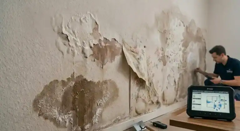 Feuchte Wand mit abgelöster Tapete und sichtbaren Wasserschäden in Krefeld, geprüft durch Tomas Wasserschadensanierung mit digitaler Messtechnik.