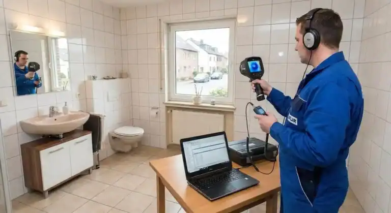 Mitarbeiter von Tomas Wasserschadensanierung führt die Ortung der Leckage in einem Badezimmer mit Wärmebildtechnik und Messgerät durch.