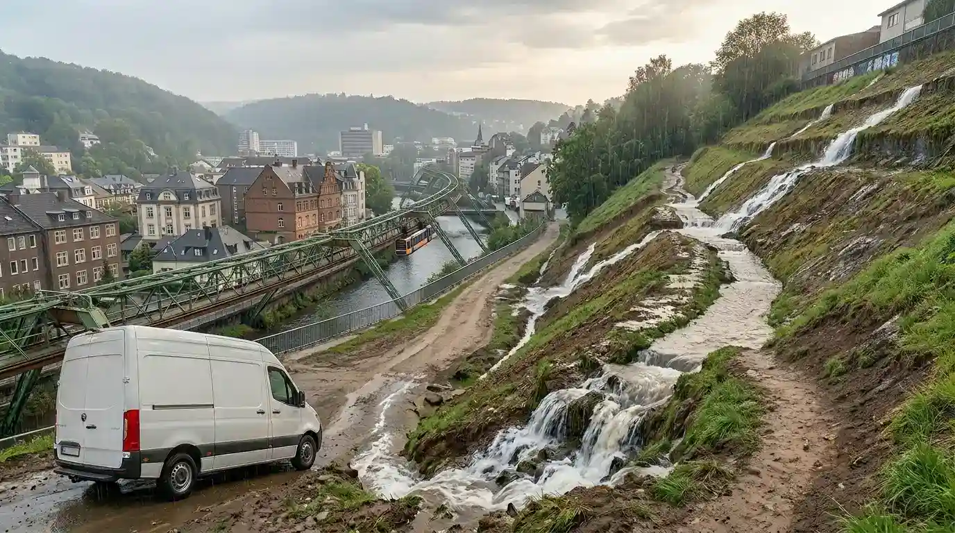Ein weißes Einsatzfahrzeug von Tomas Wasserschadensanierung an einem Hang in Wuppertal bei Starkregen, im Hintergrund die Wuppertaler Schwebebahn.