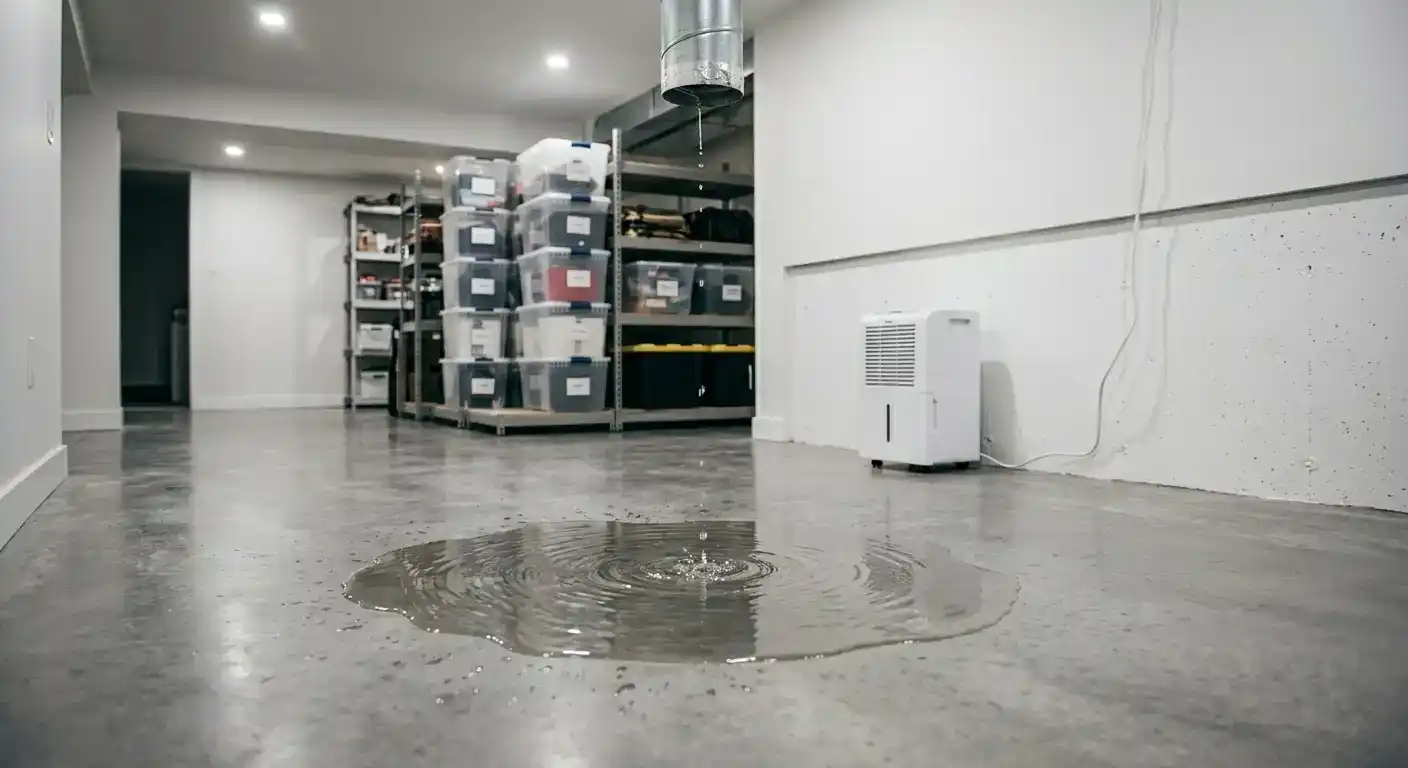 Ein Kellerraum mit Betonboden in dem es von der Decke tropft.