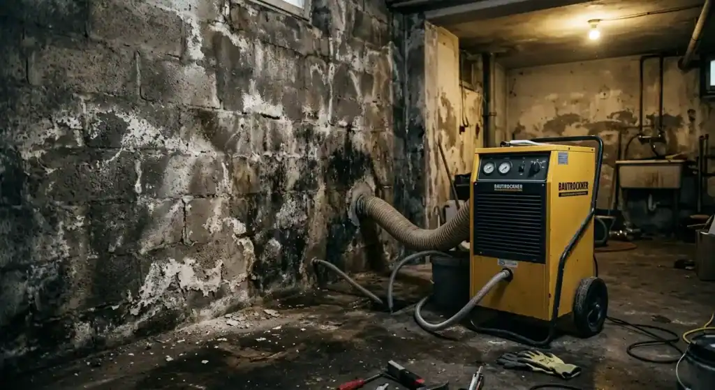 Ein Mann steht in Gummistiefeln in einem überschwemmten Keller mit Backsteinwänden neben aufgeweichten Kartons während Wasser von der Decke tropft.