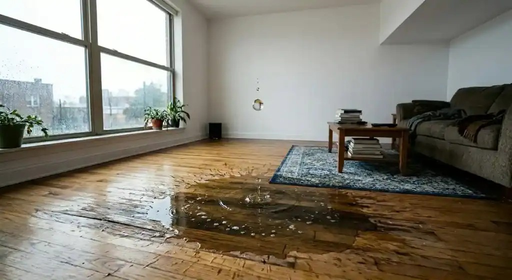 Ein Tropfen fällt in eine große Pfütze auf dem Parkettboden eines hellen Wohnzimmers während im Hintergrund ein Sofa und ein Couchtisch mit Büchern vor einer Fensterfront zu sehen sind.