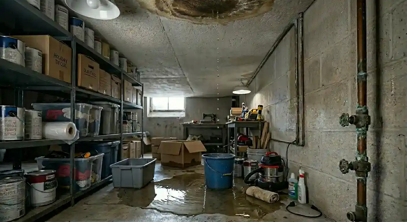 Ein feuchter Kellerraum mit Regalen voller Farbdosen und Kartons zeigt deutliche Wasserflecken an der Decke von denen Wasser in einen blauen Eimer am Boden tropft während sich bereits eine große Pfütze gebildet hat.